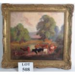 F Cowley (20th century) - 'Cattle watering, rustic river landscape', oil on board, signed,