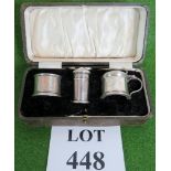 A silver three piece cruet set in original box, Hallmarked Birmingham 1929/30,