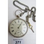 An A.M. Watch Co, Waltham, sterling silver pocket watch with silver Albert and key.