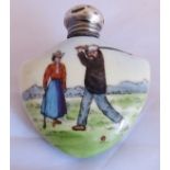 Silver topped and ceramic scent bottle with painted scene of a golfing couple. Birmingham 1905.