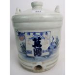 Blue and white Japanese ceramic rice wine urn, decorated with storks, 28cm high.