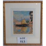 20th Century School - 'Foreign river landscape', pastel, indistinctly signed, 24cm x 19cm, framed.