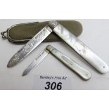 A good quality silver engraved bladed pocket knife with Mother of Pearl handle with case.