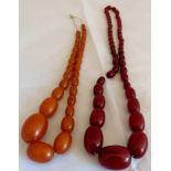 2 amber bead necklaces, orange and cherry, approx 44cm's and 62cm's long.