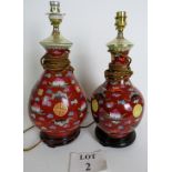 A pair of 20th century Chinese ceramic lamp bases on wooden stand, not pat tested,