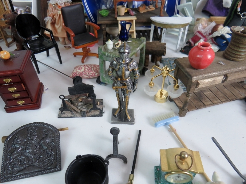 A selection of doll's house furniture to include, stoneware flagon's, coppers pots, chairs, - Image 4 of 7