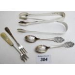 A pair of Georgian silver sugar tongs, a plated pair of sugar tongs, 2 Rolex spoons,