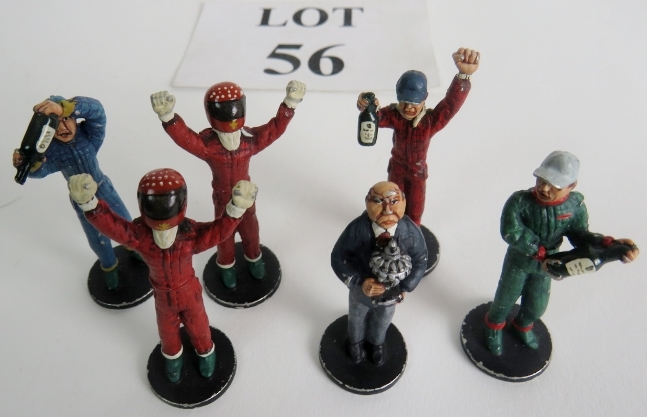 A set of 6 podium figures, metal painted, rare, 1/32 scale Scalextric.