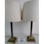 A pair of decorative bronzed table lamps in the form of Corinthian columns, with shades.