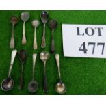 Ten small silver condiment spoons, 49.3 grams, average 65mm long.