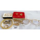 Vintage Algha rolled gold glasses, a pair of rolled gold cufflinks, a rolled gold bracelet,