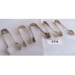 5 pairs of silver sugar tongs hallmarked left to right Edinburgh 1924, Birmingham 1896,