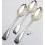 A set of three Victorian silver table spoons, London 1851, approx 6.5 troy oz/212 grams.
