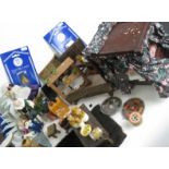 A selection of doll's house furniture to include, stoneware flagon's, coppers pots, chairs,
