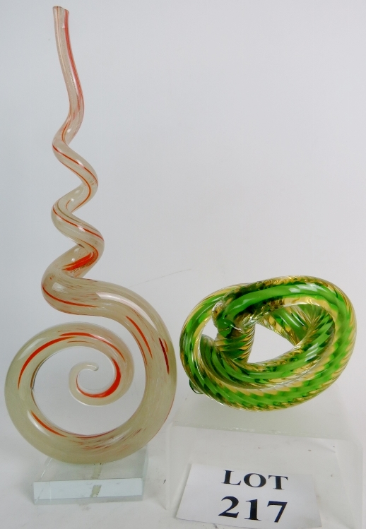 Two contemporary Studio Glass abstract sculptures, 37cm and 10cm high.