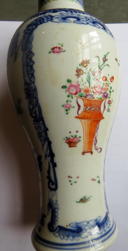 A 19th century Chinese export vase with blue and white border and a central polychrome floral spray, - Image 10 of 10