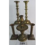 A near pair of antique heavy brass candlesticks in a 17th/18th century taste,