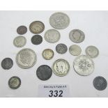 A collection of mainly old English silver money to include florins, half crown and 4 penny piece.