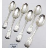 A set of six engraved fiddle pattern dessert spoons, London 1908, approx 8 troy oz/254 grams.