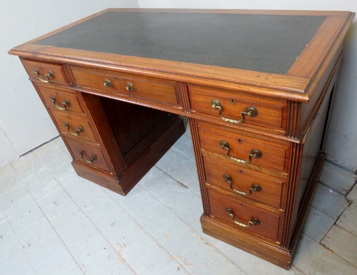 A 19th Century mahogany twin pedestal writing desk with an inset leather top over nine drawers with - Image 2 of 2