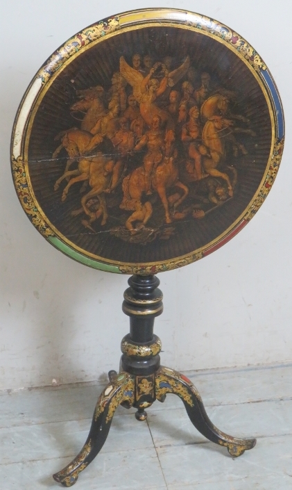 A Georgian tilt top tripod table ebonised and elaborately painted with gilt highlights,