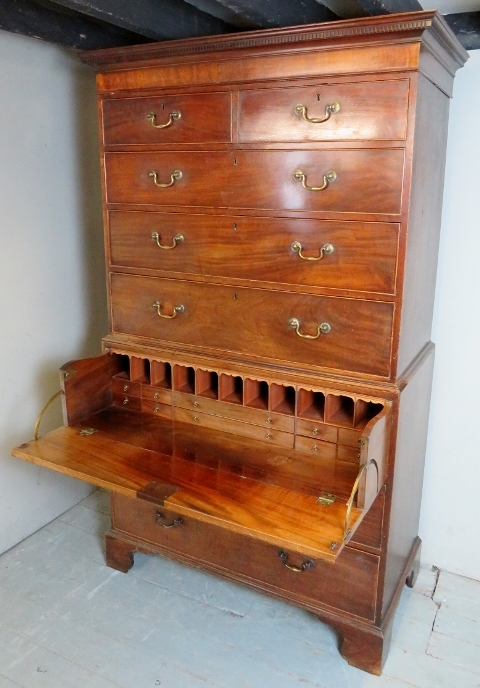 A Georgian mahogany secretaire chest on chest with two short over three long drawers to top and - Image 2 of 3