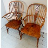 Two 19th Century country oak and elm wheel back armchairs with spindle upright supports over turned