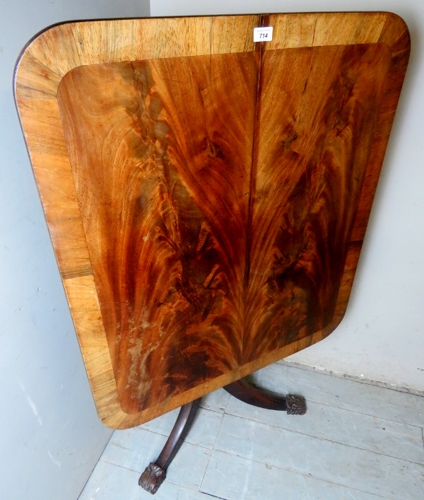 A William IV rectangular tilt top table with a rosewood banded and flame mahogany top over a turned - Image 8 of 8