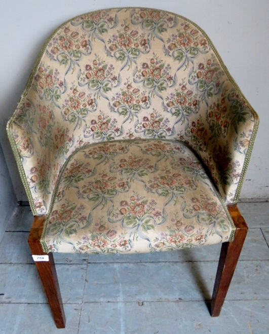 A 20th Century Art Deco style tub chair with walnut veneered sides and upholstered in a floral - Image 2 of 4