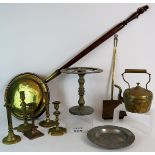 A lot of mainly brass metalware including a star topped trivet, chestnut roaster,