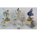 Seven various German porcelain dancer figures with lace detail. Tallest 24cm.