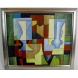 Cubist School (modern) - 'Two vases', oil on canvas, indistinctly signed, 50cm x 60cm, framed.