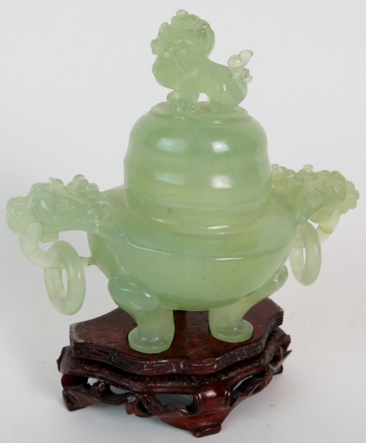 A Chinese carved jadeite dragon censer on carved wooden stand. Height: 15cm. - Image 2 of 4