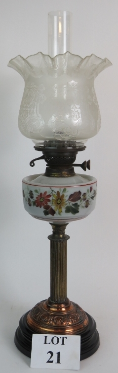 Late Victorian Duplex oil lamp. Hand painted reservoir and etched shade on a ceramic base.