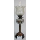 Late Victorian Duplex oil lamp. Hand painted reservoir and etched shade on a ceramic base.