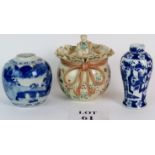 Two 19th Century Chinese blue and white vases and a Japanese Satsuma lidded pot with chrysanthemum