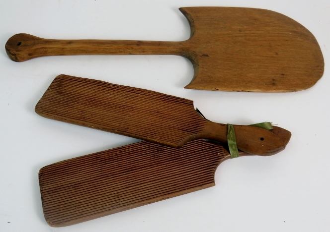 A selection of Treen items to include a truncheon marked Bank of England, a pair of butter paddles, - Image 4 of 4
