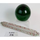 A 19th Century nailsea glass red and white rolling pin and large Victorian green glass dump,