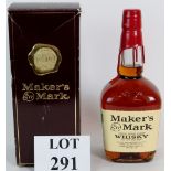 One litre bottle of Maker's Mark Kentucky Bourbon whiskey. Condition report: Box age related damage.