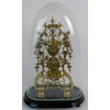 A fine brass skeleton clock, under glass dome on an ebonised hardwood stand.