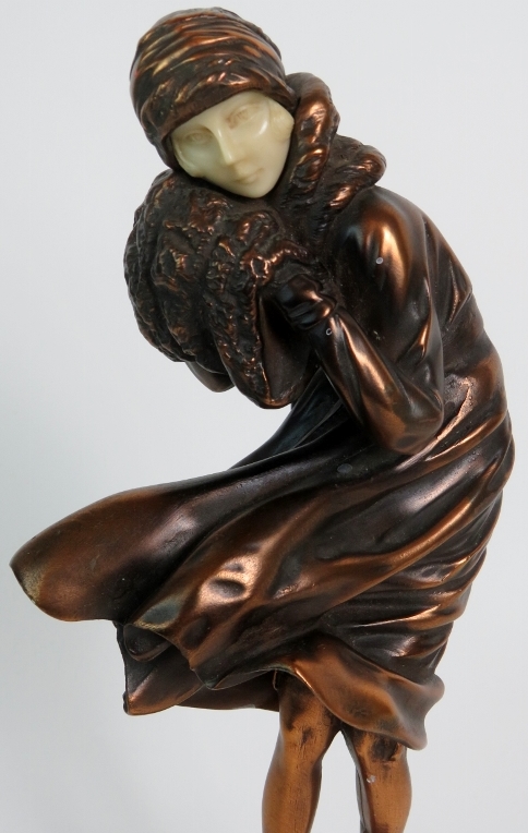 Art Deco style bronzed figure of a windswept lady in the style of Chiparus mounted on a red marble - Image 3 of 5