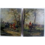 British School - 'Hunting scenes', a pair, oils on board, indistinctly signed, 24 cm x 18 cm,