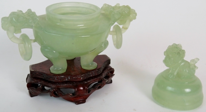 A Chinese carved jadeite dragon censer on carved wooden stand. Height: 15cm. - Image 3 of 4