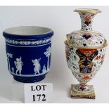 A Wedgwood style blue and white Jasperware Jardiniere with a classical motif, height is 17.