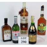 Five mixed bottles of liqueurs and brandy, including Pernod, Apple, Orangeau Triple Sec (1 litre),