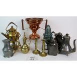 Interesting mixed lot of metalware including brass, copper and a pewter tappit hen.