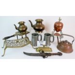 A selection of antique metal items including a copper warming pan, a copper and brass egg coddler,