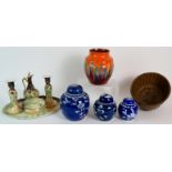 A selection of ceramics including a Wade Heath vase, set of 3 blue and white ginger jars,