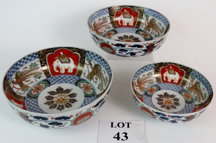 Set of 3, 19th Century Japanese porcelain bowls with elephant and lyre bird decoration.