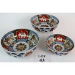 Set of 3, 19th Century Japanese porcelain bowls with elephant and lyre bird decoration.